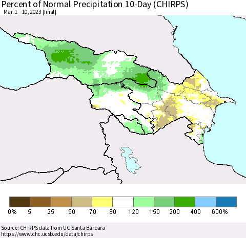Azerbaijan, Armenia and Georgia Percent of Normal Precipitation 10-Day (CHIRPS) Thematic Map For 3/1/2023 - 3/10/2023