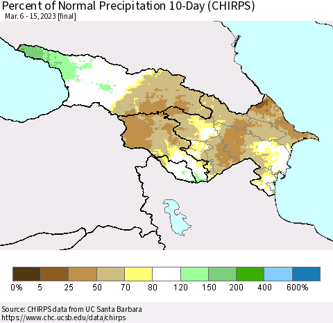 Azerbaijan, Armenia and Georgia Percent of Normal Precipitation 10-Day (CHIRPS) Thematic Map For 3/6/2023 - 3/15/2023