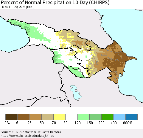 Azerbaijan, Armenia and Georgia Percent of Normal Precipitation 10-Day (CHIRPS) Thematic Map For 3/11/2023 - 3/20/2023