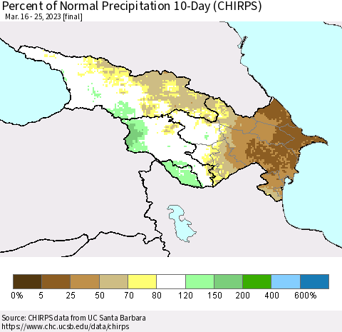 Azerbaijan, Armenia and Georgia Percent of Normal Precipitation 10-Day (CHIRPS) Thematic Map For 3/16/2023 - 3/25/2023