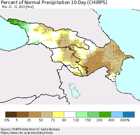 Azerbaijan, Armenia and Georgia Percent of Normal Precipitation 10-Day (CHIRPS) Thematic Map For 3/21/2023 - 3/31/2023