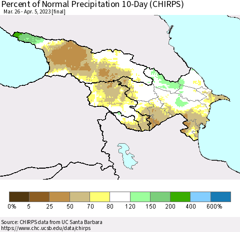 Azerbaijan, Armenia and Georgia Percent of Normal Precipitation 10-Day (CHIRPS) Thematic Map For 3/26/2023 - 4/5/2023