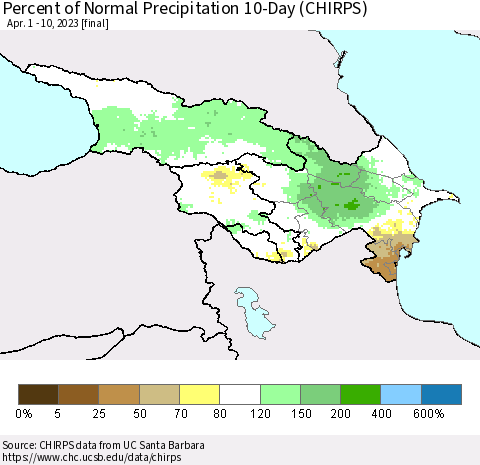 Azerbaijan, Armenia and Georgia Percent of Normal Precipitation 10-Day (CHIRPS) Thematic Map For 4/1/2023 - 4/10/2023