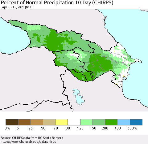 Azerbaijan, Armenia and Georgia Percent of Normal Precipitation 10-Day (CHIRPS) Thematic Map For 4/6/2023 - 4/15/2023