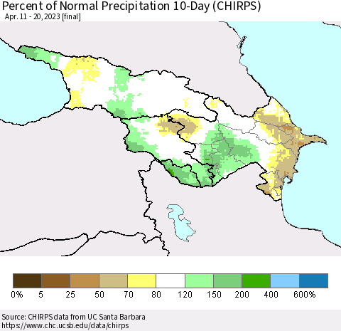 Azerbaijan, Armenia and Georgia Percent of Normal Precipitation 10-Day (CHIRPS) Thematic Map For 4/11/2023 - 4/20/2023