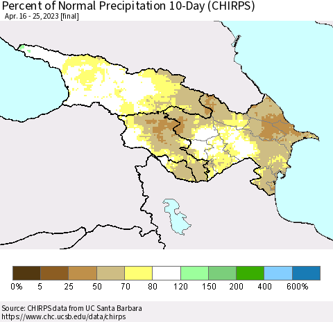 Azerbaijan, Armenia and Georgia Percent of Normal Precipitation 10-Day (CHIRPS) Thematic Map For 4/16/2023 - 4/25/2023
