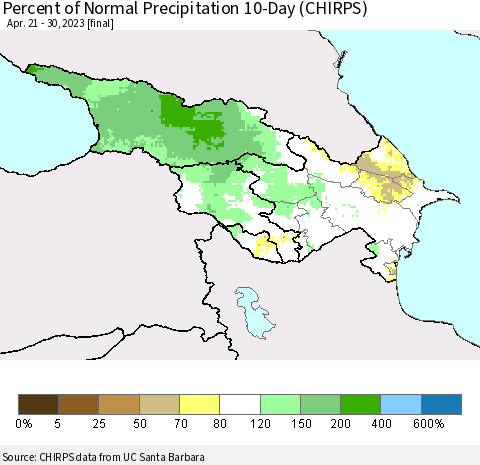 Azerbaijan, Armenia and Georgia Percent of Normal Precipitation 10-Day (CHIRPS) Thematic Map For 4/21/2023 - 4/30/2023