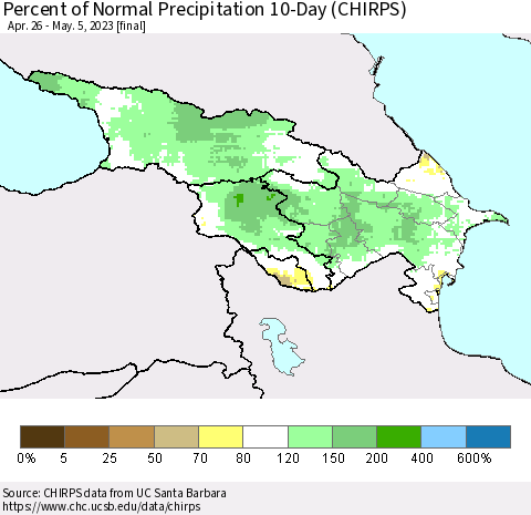 Azerbaijan, Armenia and Georgia Percent of Normal Precipitation 10-Day (CHIRPS) Thematic Map For 4/26/2023 - 5/5/2023