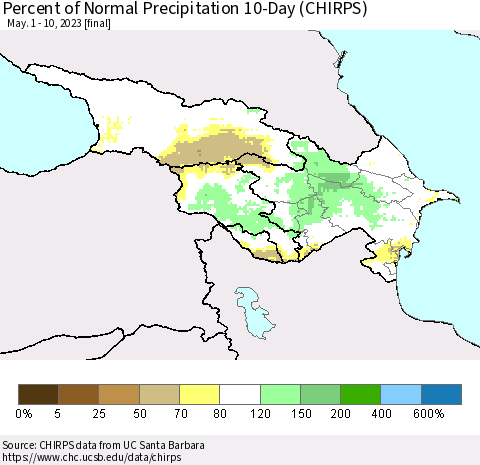 Azerbaijan, Armenia and Georgia Percent of Normal Precipitation 10-Day (CHIRPS) Thematic Map For 5/1/2023 - 5/10/2023