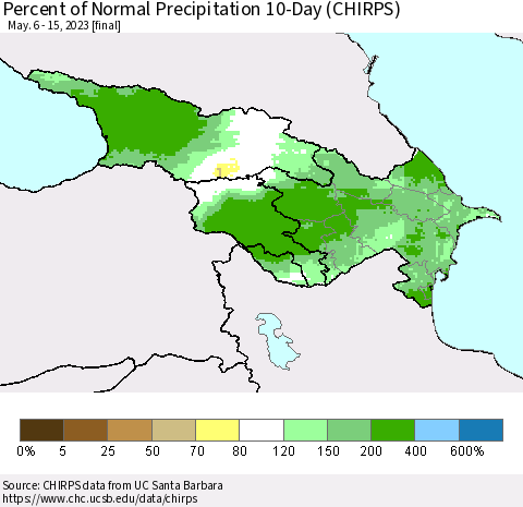 Azerbaijan, Armenia and Georgia Percent of Normal Precipitation 10-Day (CHIRPS) Thematic Map For 5/6/2023 - 5/15/2023