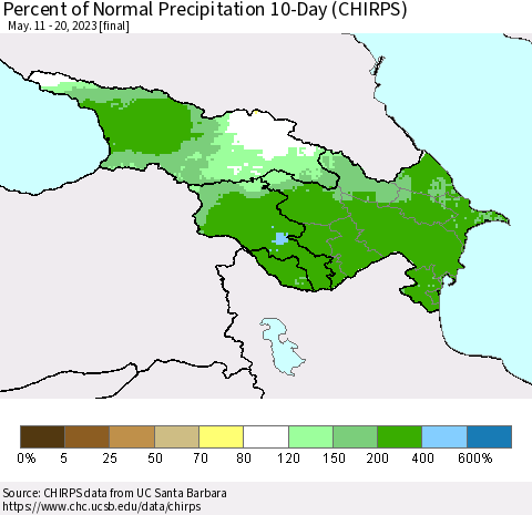 Azerbaijan, Armenia and Georgia Percent of Normal Precipitation 10-Day (CHIRPS) Thematic Map For 5/11/2023 - 5/20/2023