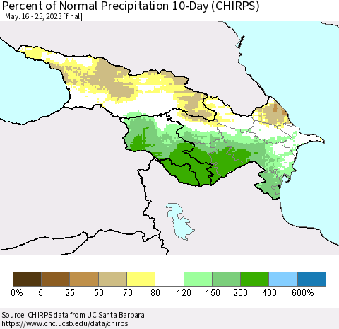 Azerbaijan, Armenia and Georgia Percent of Normal Precipitation 10-Day (CHIRPS) Thematic Map For 5/16/2023 - 5/25/2023