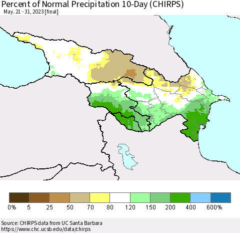 Azerbaijan, Armenia and Georgia Percent of Normal Precipitation 10-Day (CHIRPS) Thematic Map For 5/21/2023 - 5/31/2023