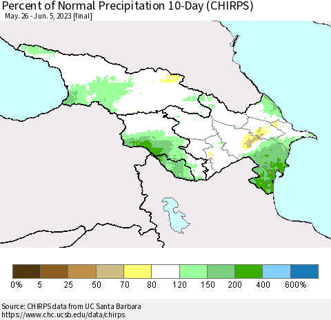 Azerbaijan, Armenia and Georgia Percent of Normal Precipitation 10-Day (CHIRPS) Thematic Map For 5/26/2023 - 6/5/2023