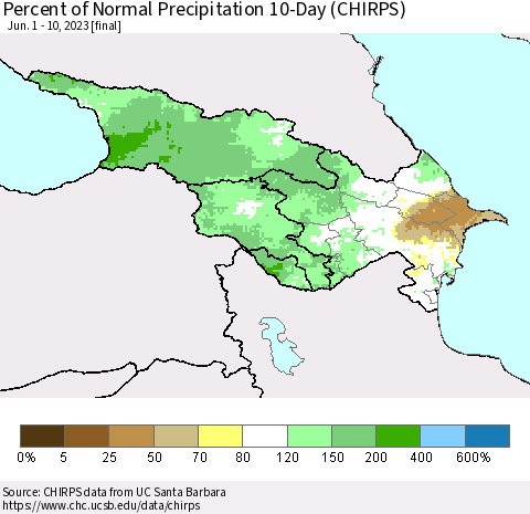 Azerbaijan, Armenia and Georgia Percent of Normal Precipitation 10-Day (CHIRPS) Thematic Map For 6/1/2023 - 6/10/2023