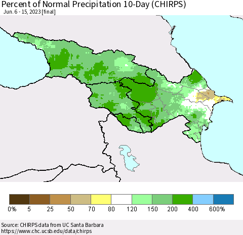 Azerbaijan, Armenia and Georgia Percent of Normal Precipitation 10-Day (CHIRPS) Thematic Map For 6/6/2023 - 6/15/2023
