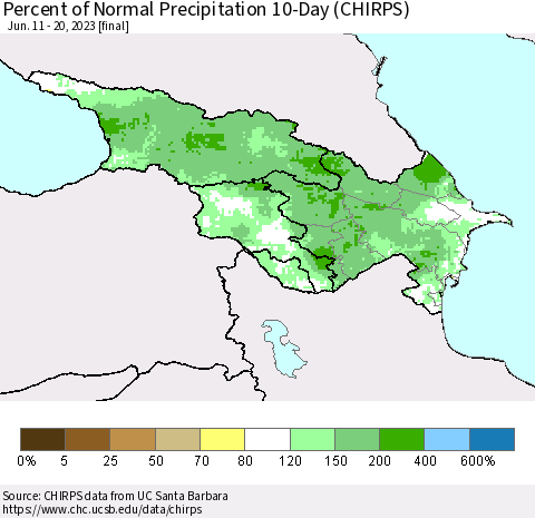 Azerbaijan, Armenia and Georgia Percent of Normal Precipitation 10-Day (CHIRPS) Thematic Map For 6/11/2023 - 6/20/2023