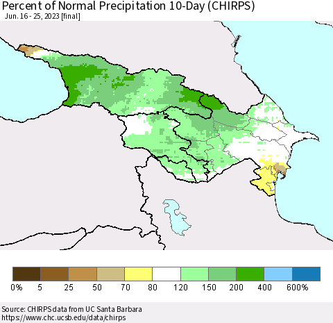 Azerbaijan, Armenia and Georgia Percent of Normal Precipitation 10-Day (CHIRPS) Thematic Map For 6/16/2023 - 6/25/2023