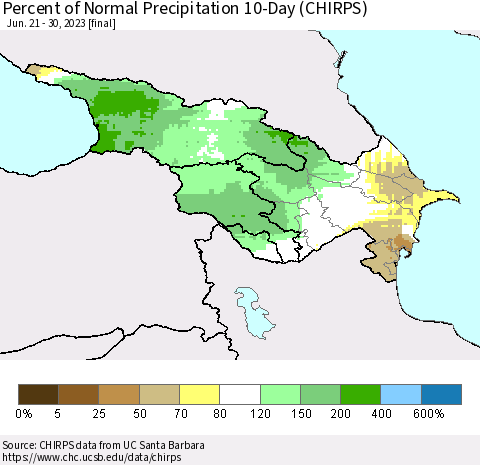 Azerbaijan, Armenia and Georgia Percent of Normal Precipitation 10-Day (CHIRPS) Thematic Map For 6/21/2023 - 6/30/2023