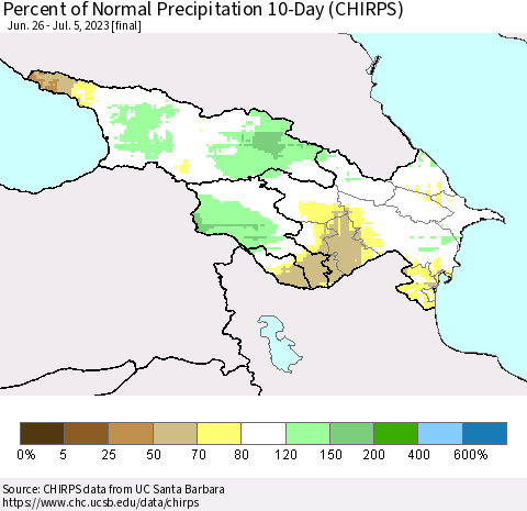 Azerbaijan, Armenia and Georgia Percent of Normal Precipitation 10-Day (CHIRPS) Thematic Map For 6/26/2023 - 7/5/2023