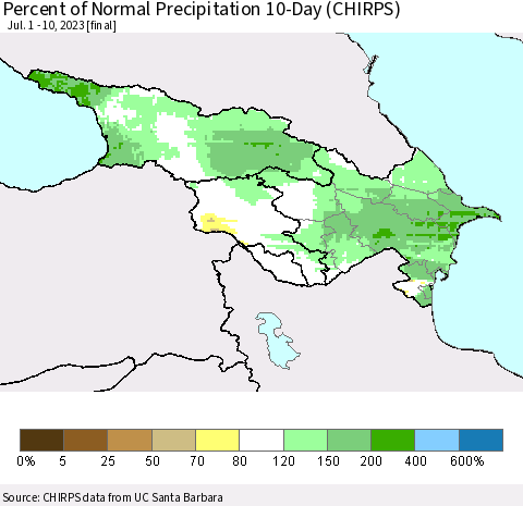 Azerbaijan, Armenia and Georgia Percent of Normal Precipitation 10-Day (CHIRPS) Thematic Map For 7/1/2023 - 7/10/2023