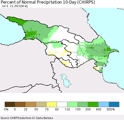 Azerbaijan, Armenia and Georgia Percent of Normal Precipitation 10-Day (CHIRPS) Thematic Map For 7/6/2023 - 7/15/2023