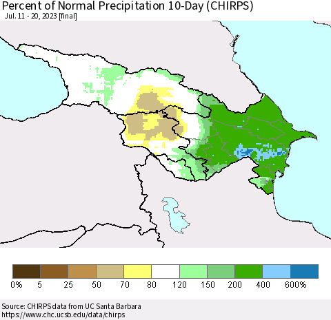 Azerbaijan, Armenia and Georgia Percent of Normal Precipitation 10-Day (CHIRPS) Thematic Map For 7/11/2023 - 7/20/2023