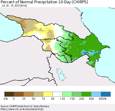 Azerbaijan, Armenia and Georgia Percent of Normal Precipitation 10-Day (CHIRPS) Thematic Map For 7/16/2023 - 7/25/2023