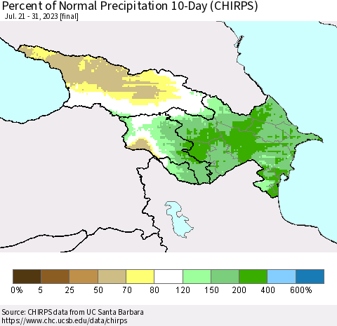 Azerbaijan, Armenia and Georgia Percent of Normal Precipitation 10-Day (CHIRPS) Thematic Map For 7/21/2023 - 7/31/2023