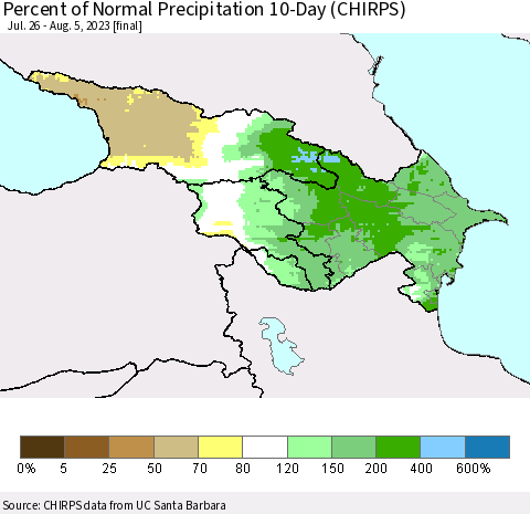 Azerbaijan, Armenia and Georgia Percent of Normal Precipitation 10-Day (CHIRPS) Thematic Map For 7/26/2023 - 8/5/2023