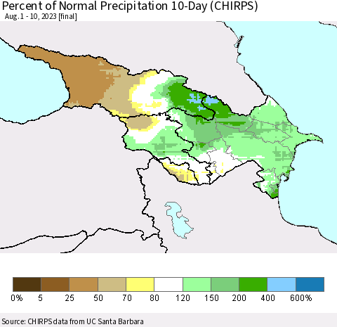 Azerbaijan, Armenia and Georgia Percent of Normal Precipitation 10-Day (CHIRPS) Thematic Map For 8/1/2023 - 8/10/2023