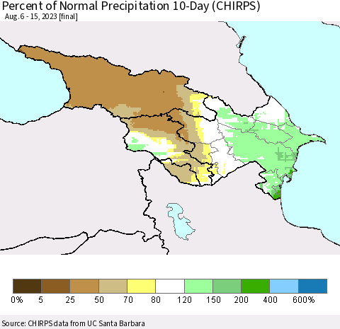 Azerbaijan, Armenia and Georgia Percent of Normal Precipitation 10-Day (CHIRPS) Thematic Map For 8/6/2023 - 8/15/2023