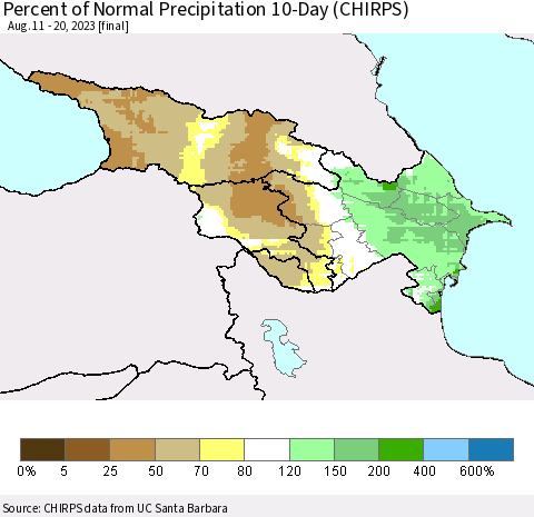 Azerbaijan, Armenia and Georgia Percent of Normal Precipitation 10-Day (CHIRPS) Thematic Map For 8/11/2023 - 8/20/2023