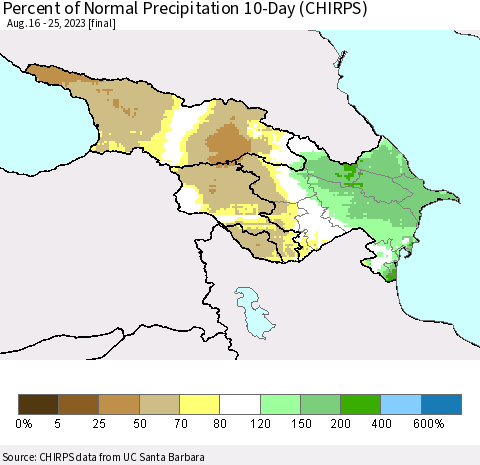 Azerbaijan, Armenia and Georgia Percent of Normal Precipitation 10-Day (CHIRPS) Thematic Map For 8/16/2023 - 8/25/2023