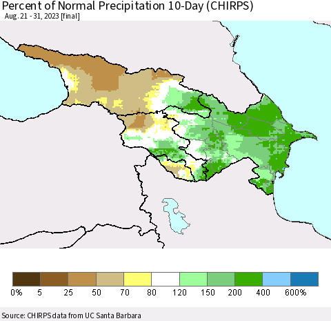 Azerbaijan, Armenia and Georgia Percent of Normal Precipitation 10-Day (CHIRPS) Thematic Map For 8/21/2023 - 8/31/2023