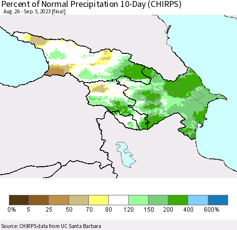 Azerbaijan, Armenia and Georgia Percent of Normal Precipitation 10-Day (CHIRPS) Thematic Map For 8/26/2023 - 9/5/2023