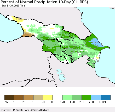 Azerbaijan, Armenia and Georgia Percent of Normal Precipitation 10-Day (CHIRPS) Thematic Map For 9/1/2023 - 9/10/2023
