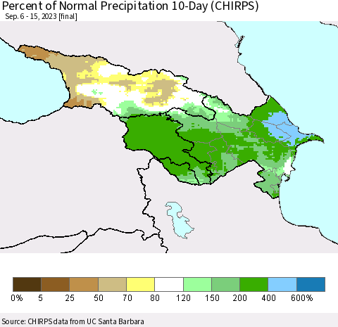 Azerbaijan, Armenia and Georgia Percent of Normal Precipitation 10-Day (CHIRPS) Thematic Map For 9/6/2023 - 9/15/2023