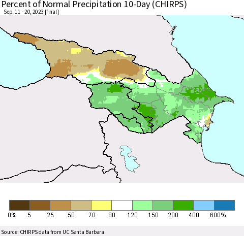 Azerbaijan, Armenia and Georgia Percent of Normal Precipitation 10-Day (CHIRPS) Thematic Map For 9/11/2023 - 9/20/2023