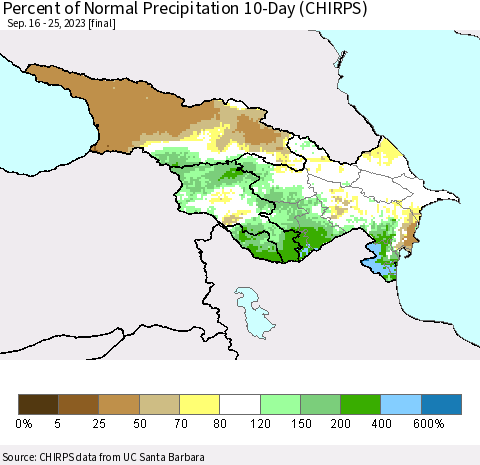Azerbaijan, Armenia and Georgia Percent of Normal Precipitation 10-Day (CHIRPS) Thematic Map For 9/16/2023 - 9/25/2023