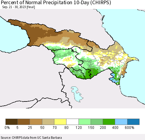 Azerbaijan, Armenia and Georgia Percent of Normal Precipitation 10-Day (CHIRPS) Thematic Map For 9/21/2023 - 9/30/2023
