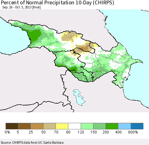 Azerbaijan, Armenia and Georgia Percent of Normal Precipitation 10-Day (CHIRPS) Thematic Map For 9/26/2023 - 10/5/2023