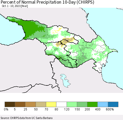 Azerbaijan, Armenia and Georgia Percent of Normal Precipitation 10-Day (CHIRPS) Thematic Map For 10/1/2023 - 10/10/2023