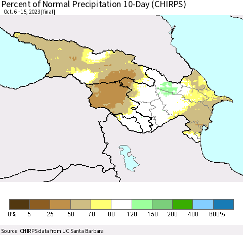 Azerbaijan, Armenia and Georgia Percent of Normal Precipitation 10-Day (CHIRPS) Thematic Map For 10/6/2023 - 10/15/2023