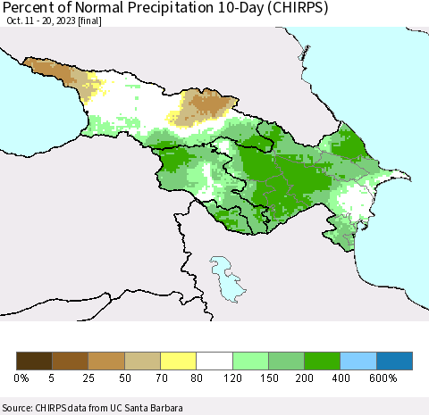 Azerbaijan, Armenia and Georgia Percent of Normal Precipitation 10-Day (CHIRPS) Thematic Map For 10/11/2023 - 10/20/2023