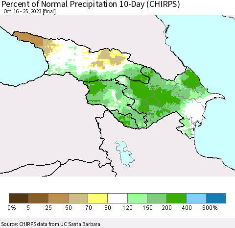Azerbaijan, Armenia and Georgia Percent of Normal Precipitation 10-Day (CHIRPS) Thematic Map For 10/16/2023 - 10/25/2023