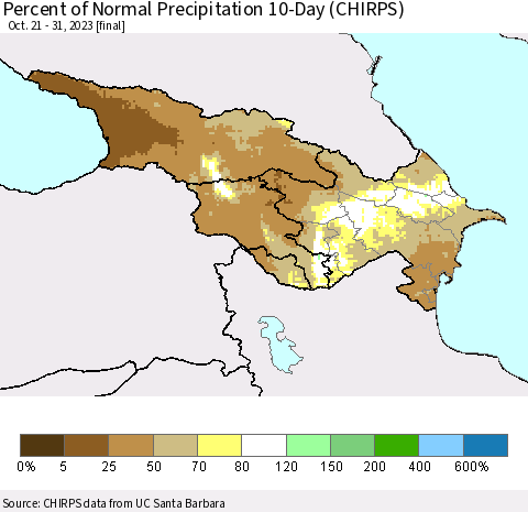 Azerbaijan, Armenia and Georgia Percent of Normal Precipitation 10-Day (CHIRPS) Thematic Map For 10/21/2023 - 10/31/2023