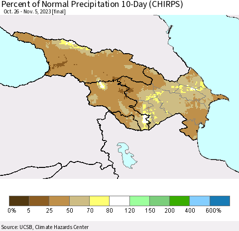 Azerbaijan, Armenia and Georgia Percent of Normal Precipitation 10-Day (CHIRPS) Thematic Map For 10/26/2023 - 11/5/2023