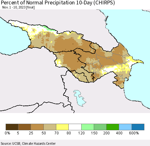 Azerbaijan, Armenia and Georgia Percent of Normal Precipitation 10-Day (CHIRPS) Thematic Map For 11/1/2023 - 11/10/2023