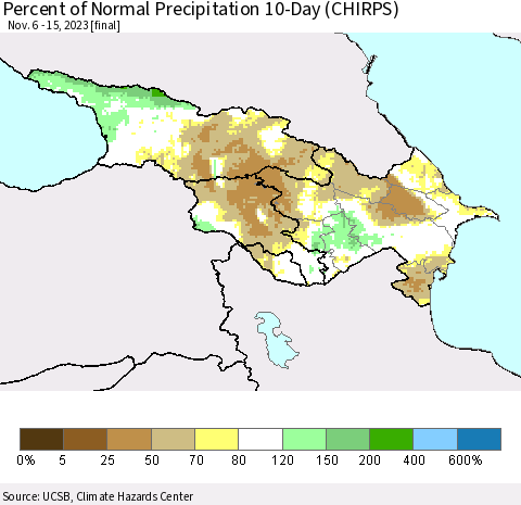 Azerbaijan, Armenia and Georgia Percent of Normal Precipitation 10-Day (CHIRPS) Thematic Map For 11/6/2023 - 11/15/2023